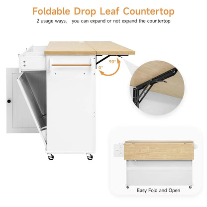 60" Mobile Kitchen Island with Power Outlet, Spice, Towel Rack, and Trash
