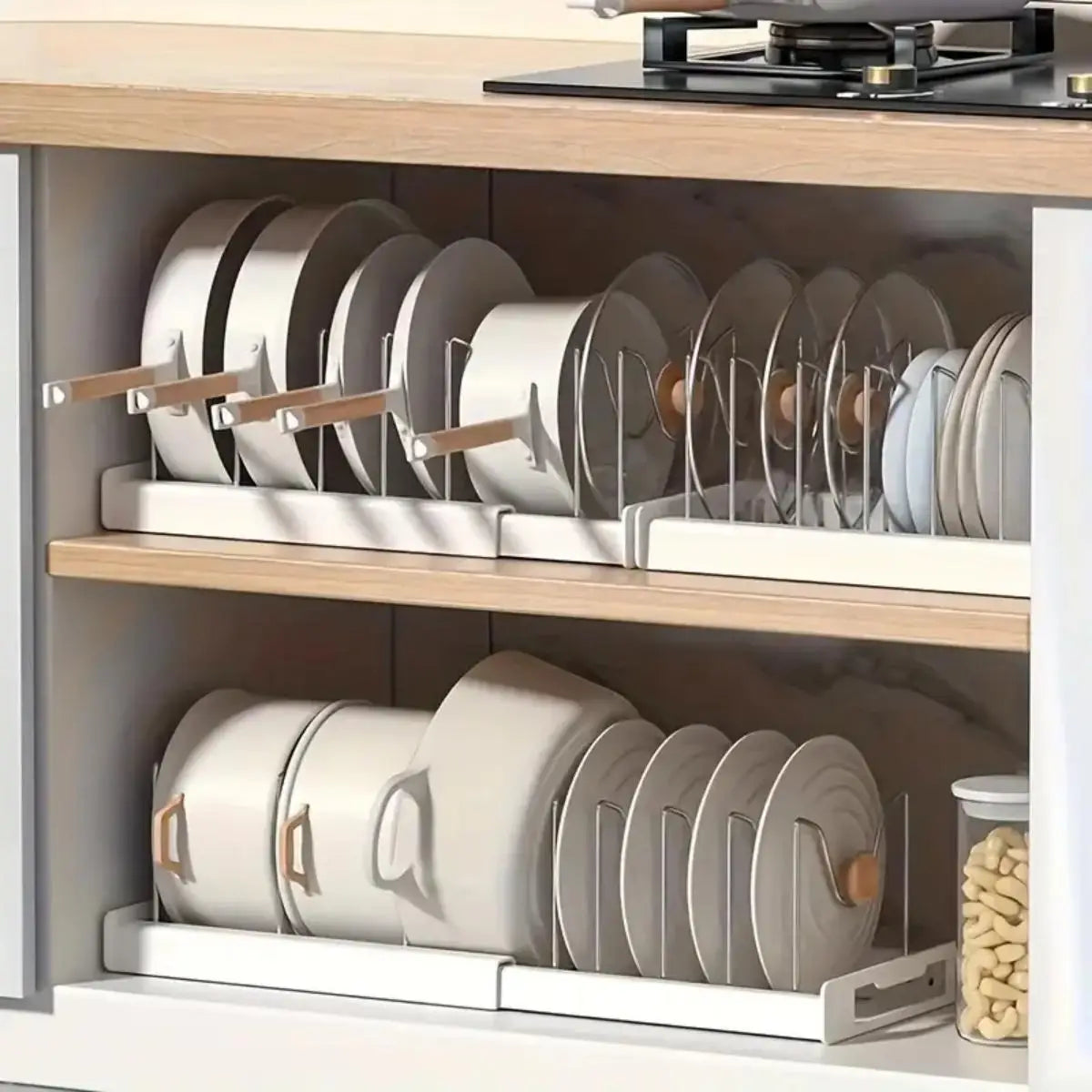 Expandable Kitchen Pot Pan Organizer with 7 Adjustable Dividers