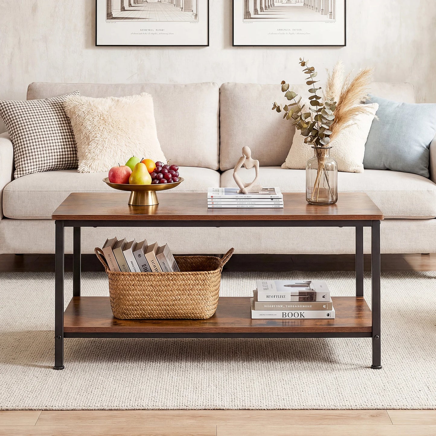 31" Wood Coffee Table, 2-Tier with Storage