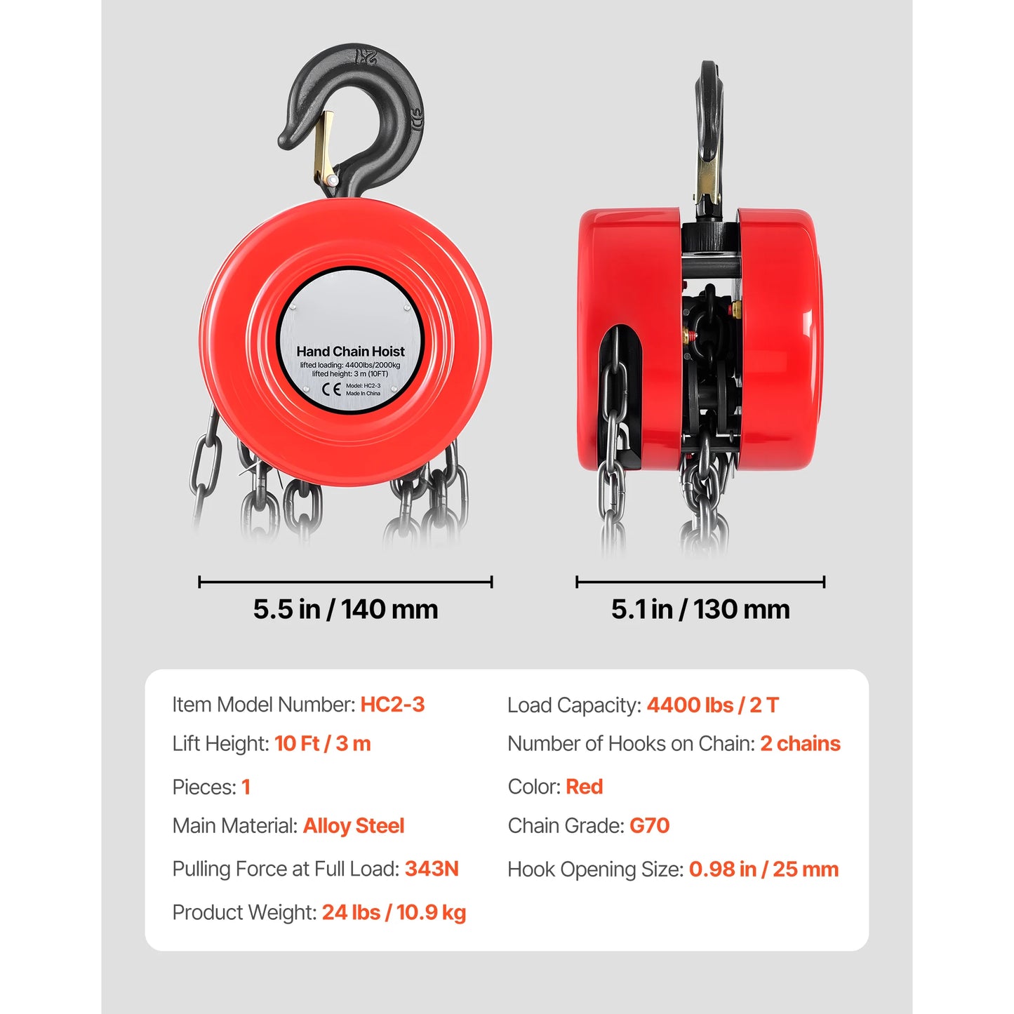 1T Hand Chain Hoist with 20 ft Height