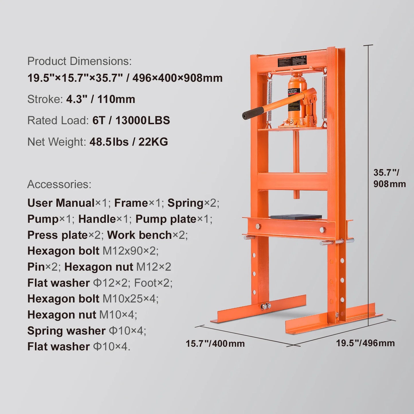 Hydraulic Shop Press, 6Ton w/Press Plates