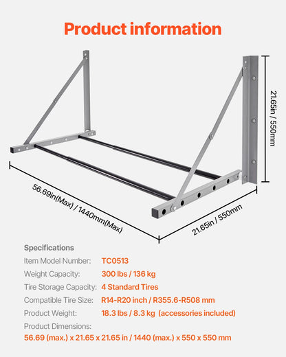 Wall Mounted Folding Tire Rack, 32" - 48" Adjustable