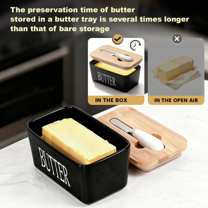 Ceramic Butter Dish With Bamboo Lid and Knife