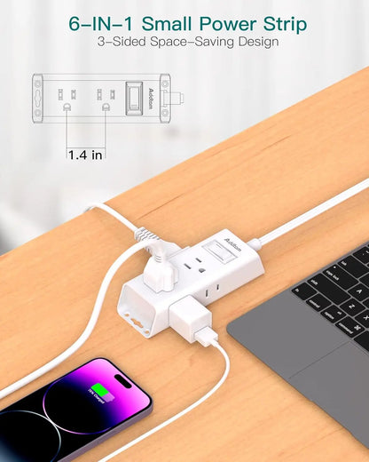 Flat Plug Power Strip, 6 Outlets, Extension Cord
