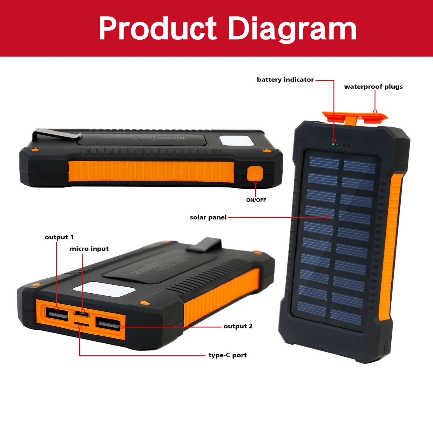 Solar Power Portable Outdoor Fast Charging Battery /Flashlight for Iphone & Android