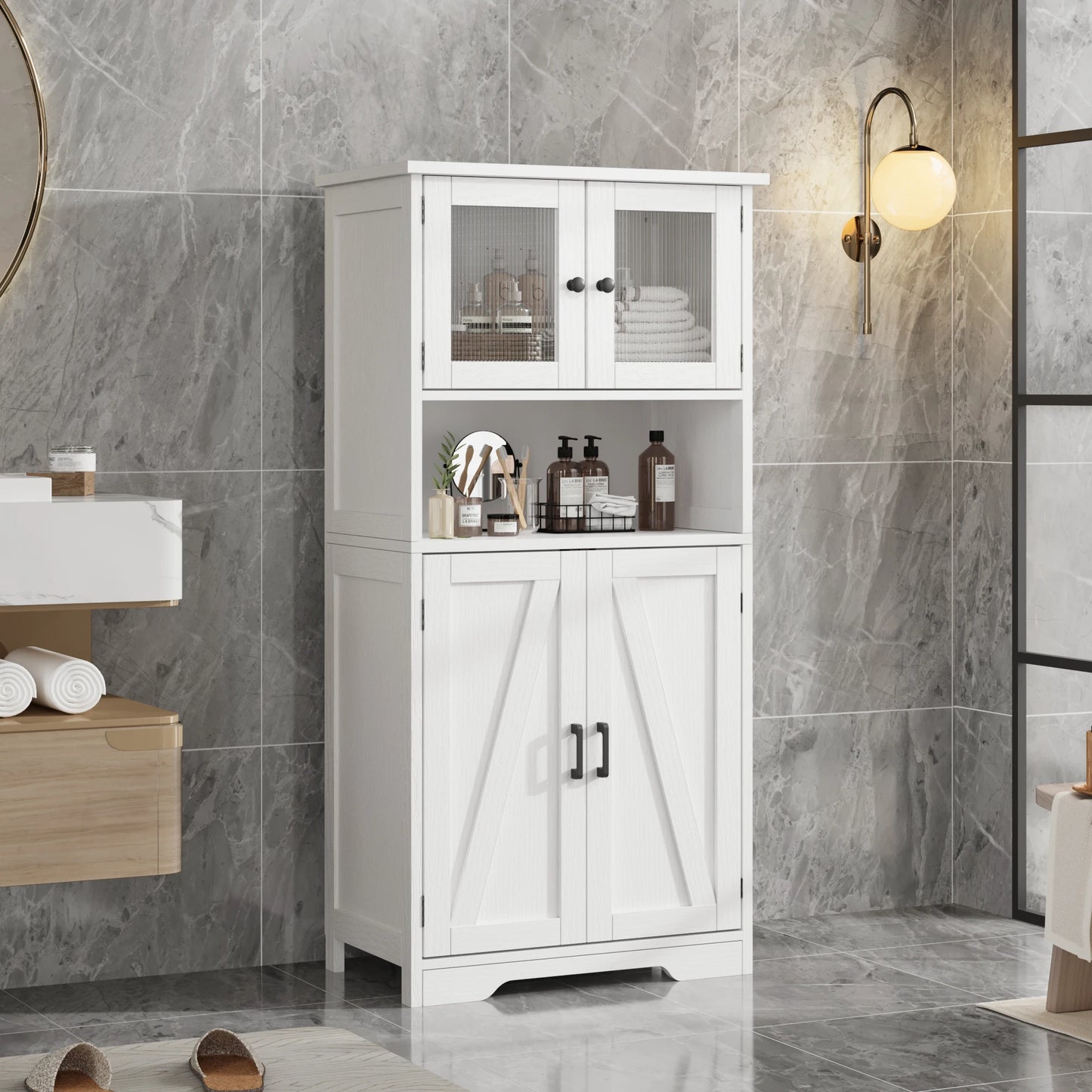 Free Standing Kitchen Pantry Cupboard with Tempered Glass Doors