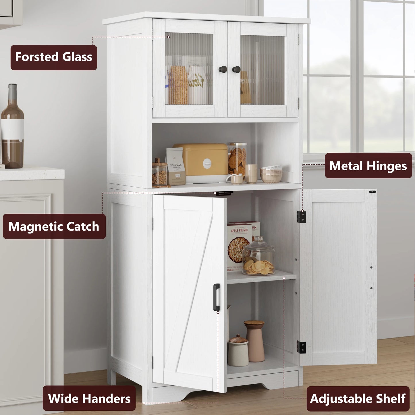 Free Standing Kitchen Pantry Cupboard with Tempered Glass Doors