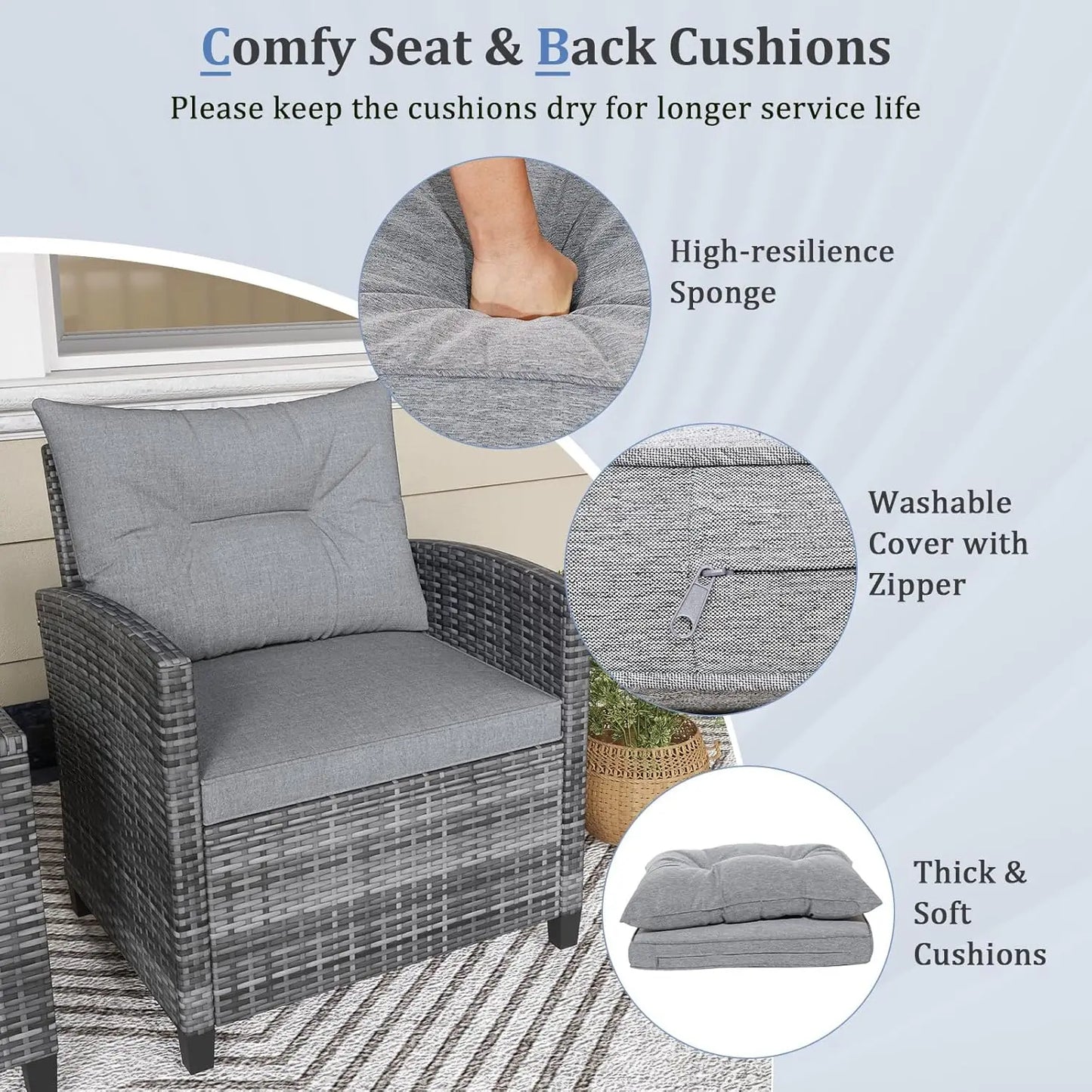 3 Piece Patio Furniture Set with Washable Cushions