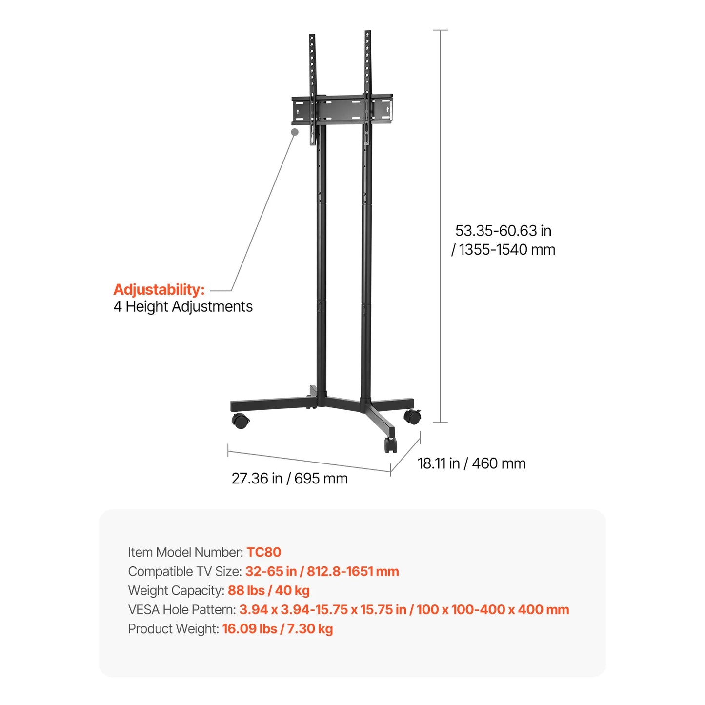 Portable TV Stand with Wheels for Living Room, Bedroom & Office