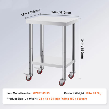 Stainless Steel Kitchen Work Table with Caster Wheels