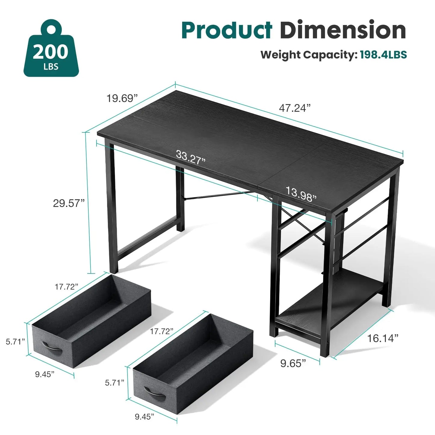 47IN Wood Computer Desk with 2 Drawers