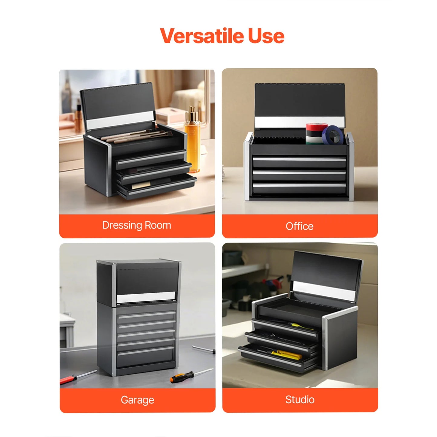 Metal Portable Tool Box, 8.6in, w/3 Ball Bearing Drawers