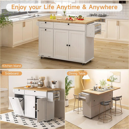 60" Mobile Kitchen Island with Power Outlet, Spice, Towel Rack, and Trash