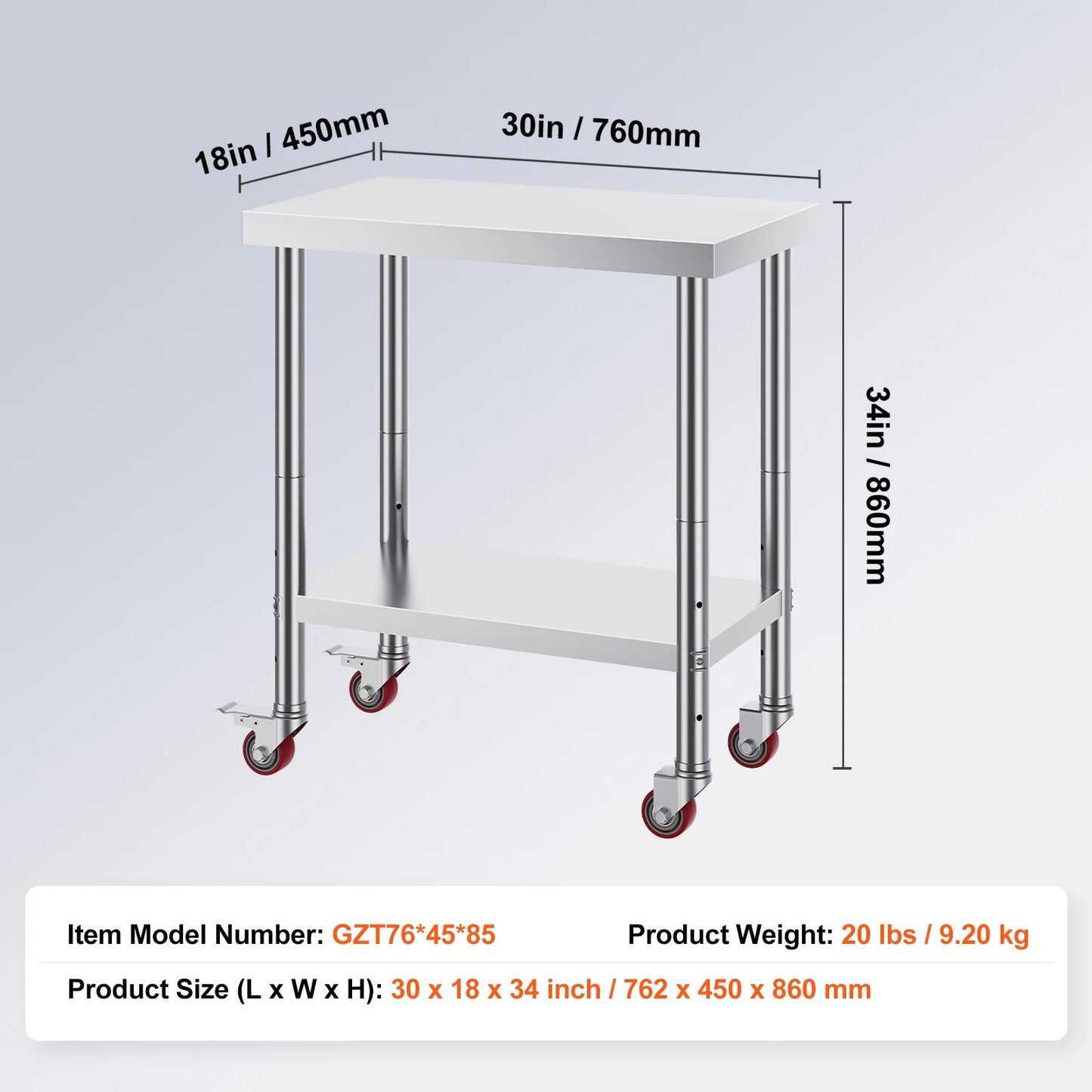 Stainless Steel Kitchen Work Table with Caster Wheels