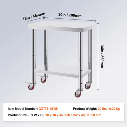 Stainless Steel Kitchen Work Table with Caster Wheels