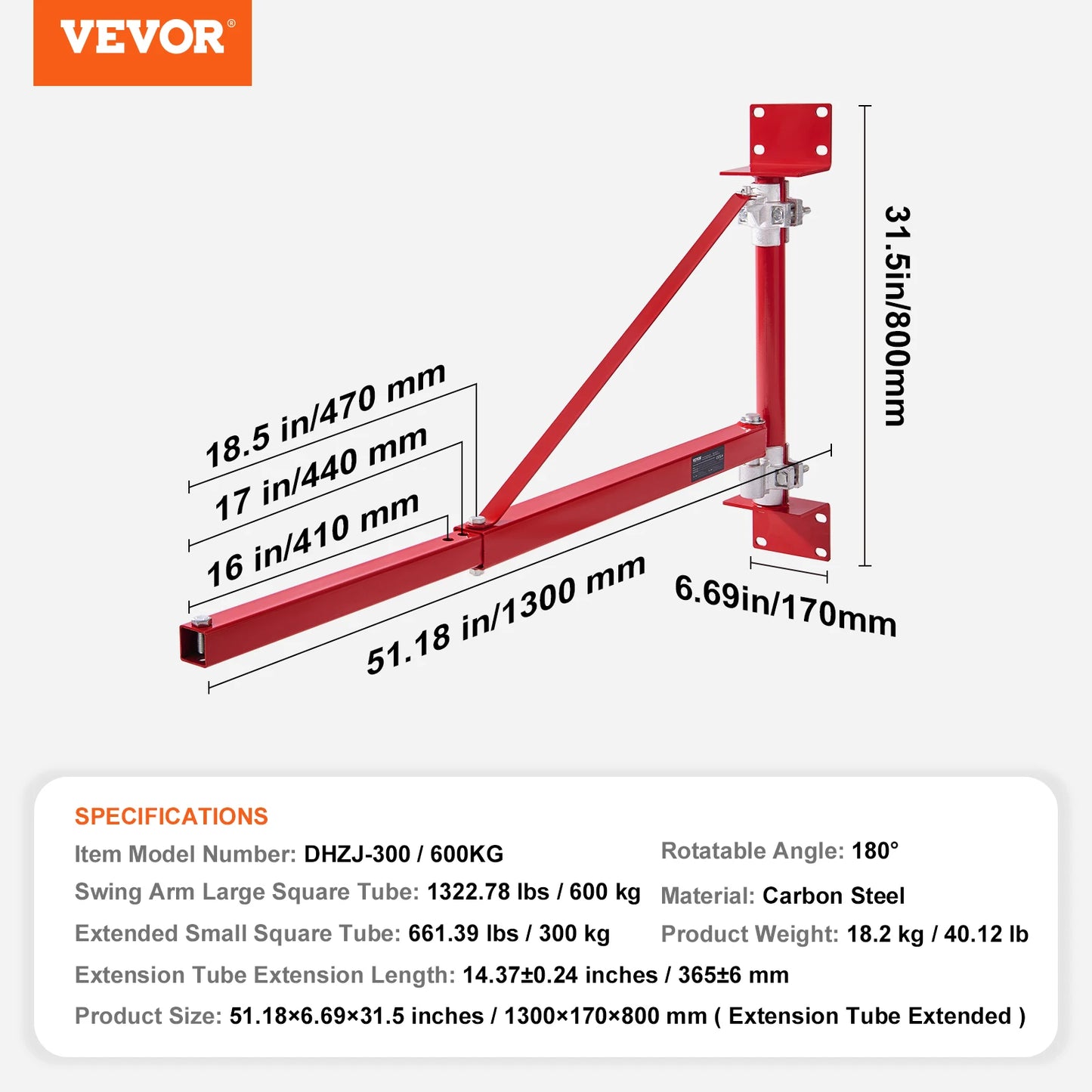 Electric Hoist, Swing Arm Support, w/Steel Hoist Frame, 180° Rotation