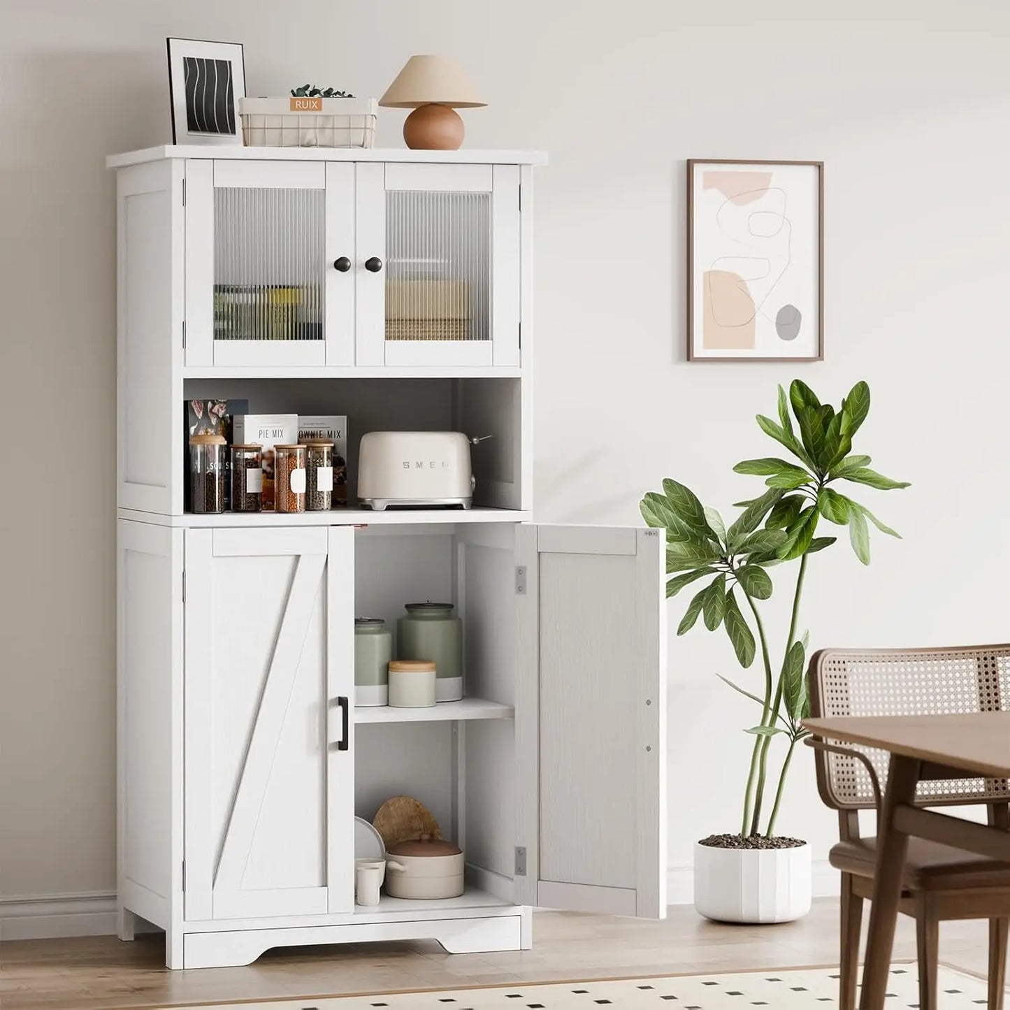 Free Standing Kitchen Pantry Cupboard with Tempered Glass Doors