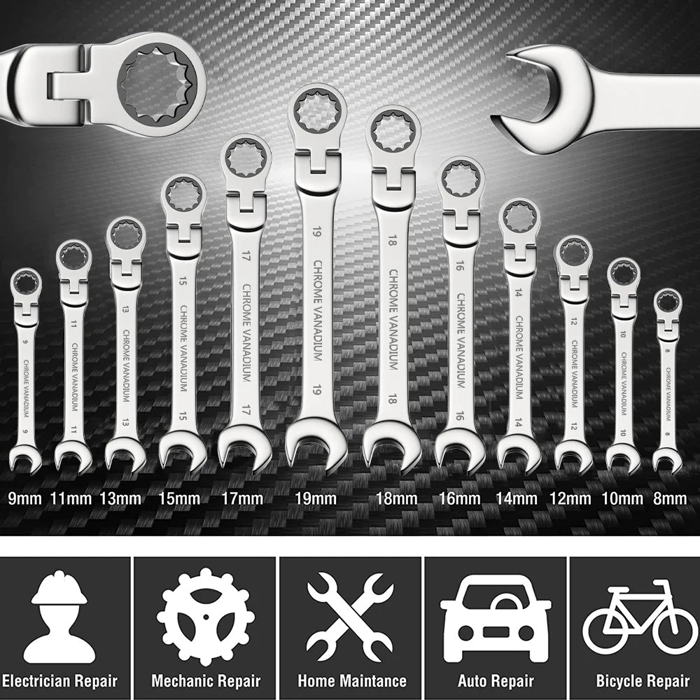 8pcs 72-Tooth Ratchet Wrench Set Metric 8-19mm