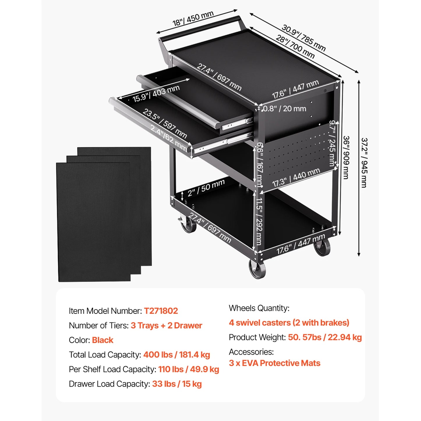 5-Tier Tool Chest 2-Drawer Rolling Tool Work Cart w/Locking & Pegboard