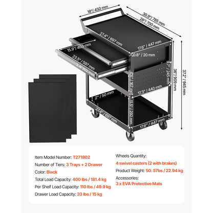 5-Tier Tool Chest 2-Drawer Rolling Tool Work Cart w/Locking & Pegboard