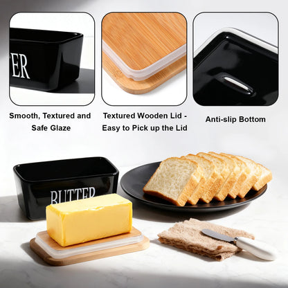 Ceramic Butter Dish With Bamboo Lid and Knife