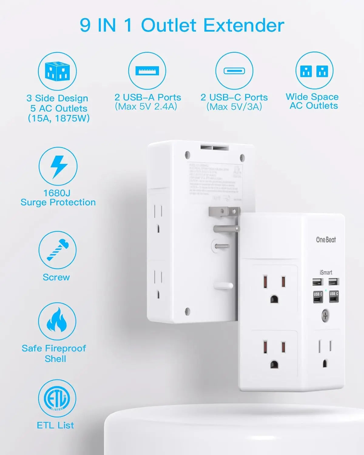 Power Strip w/ 5 Outlets, 4 USB Charging Ports