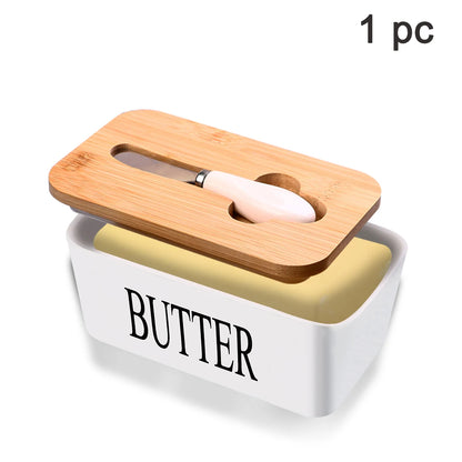 Ceramic Butter Dish With Bamboo Lid and Knife