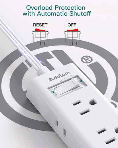 Flat Plug Power Strip, 6 Outlets, Extension Cord