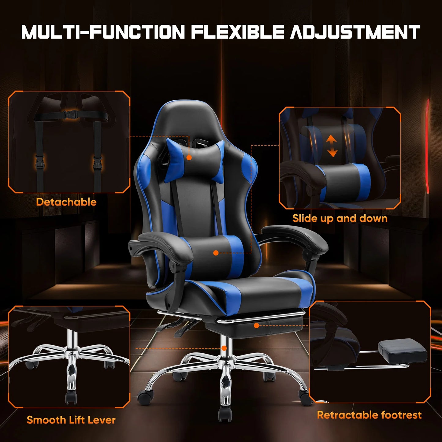 Gaming Chair Adjustable Swivel with Headrest & Lumbar Support