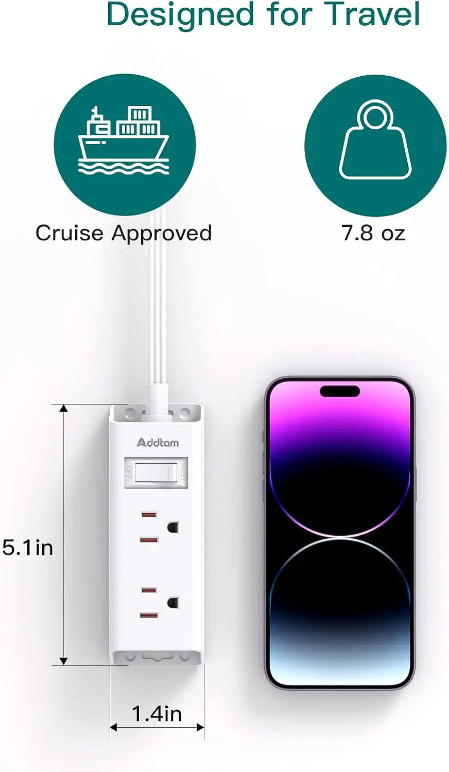 Flat Plug Power Strip, 6 Outlets, Extension Cord